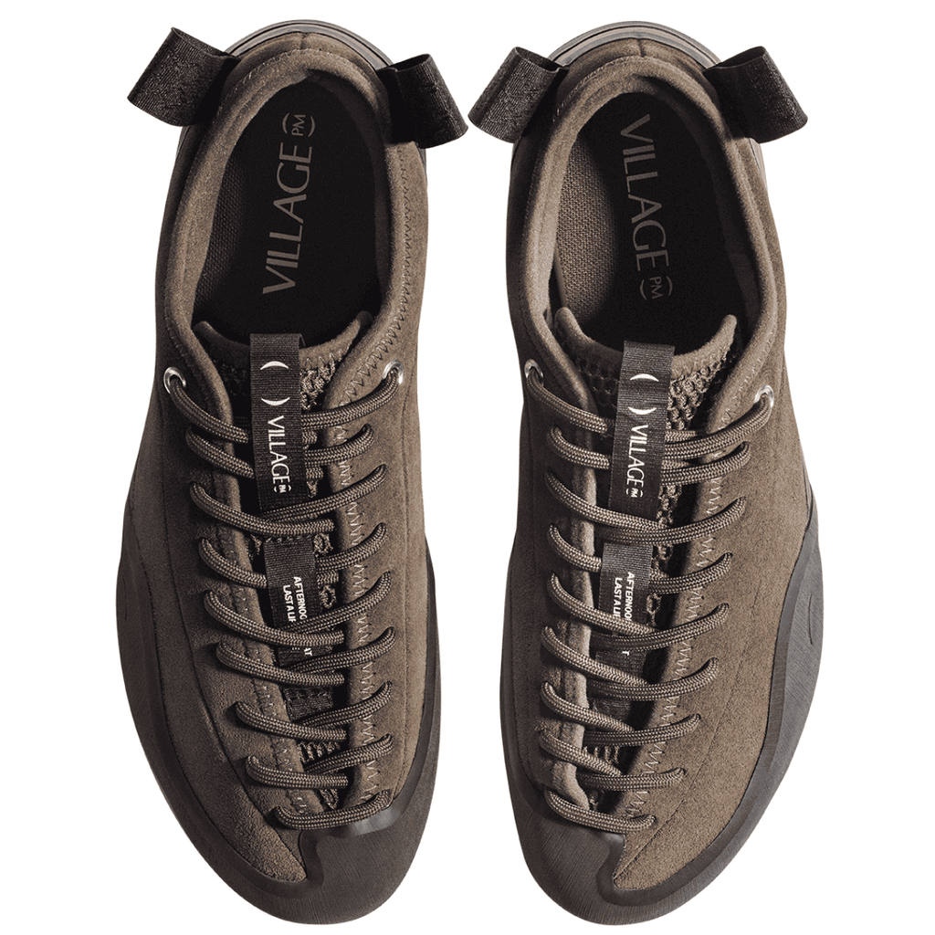 Village PM 1:00 PM suede skate shoes in chocolate brown with white laces and rubber soles, casual footwear for skateboarding and everyday wear.