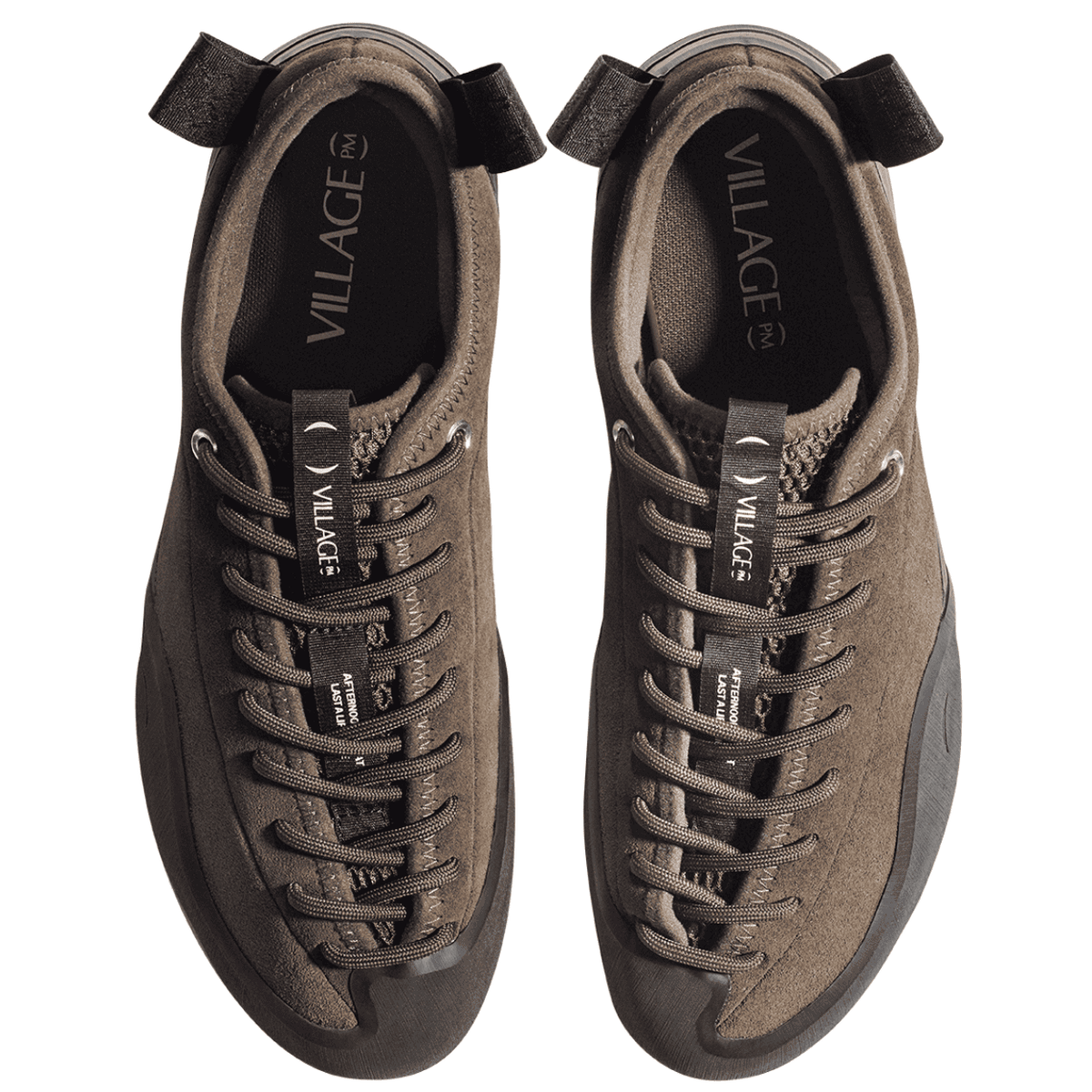 Village PM 1:00 PM suede skate shoes in chocolate brown with white laces and rubber soles, casual footwear for skateboarding and everyday wear.