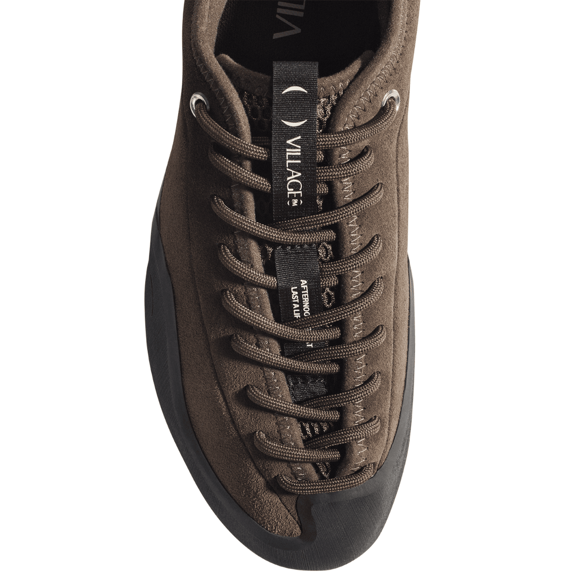 Village PM 1:00 PM suede skate shoes in chocolate brown with white laces and rubber sole, featuring a classic low-top design.