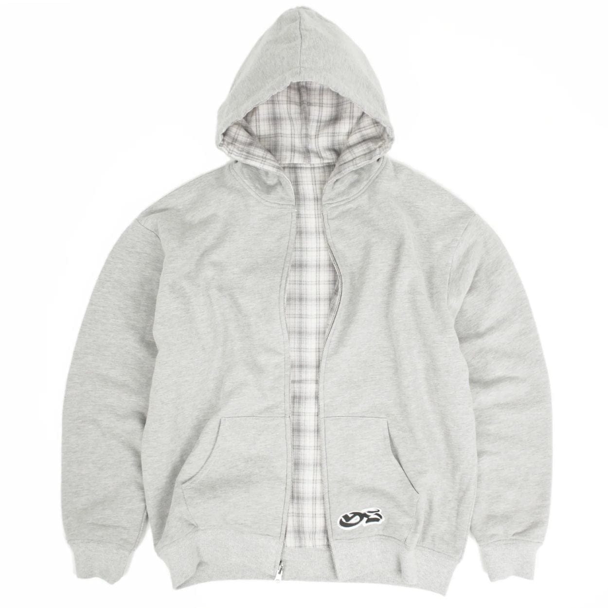 Yardsale reversible hoodie in grey and stone, showing both sides with hood and front pockets, casual streetwear style.